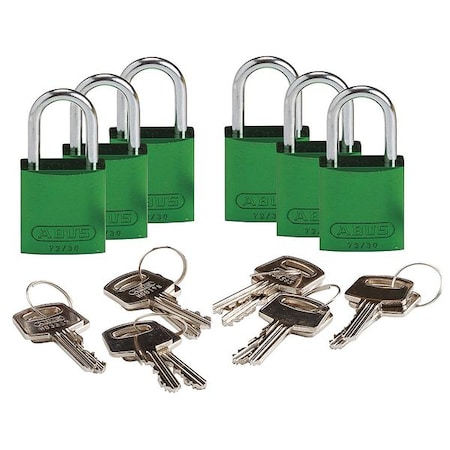 Lockout Padlock, Keyed Alike, Aluminum, Green, 1 in Shackle Height, 1 1/4 in Body Width, 6 PK MPN:CPAL-ORG-25AL-KA6