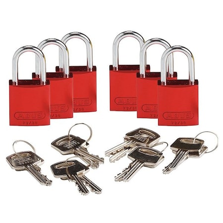 Lockout Padlock, Keyed Alike, Aluminum, Red, 1 in Shackle Height, 1 1/4 in Body Width, 6 PK MPN:CPAL-RED-25AL-KA6