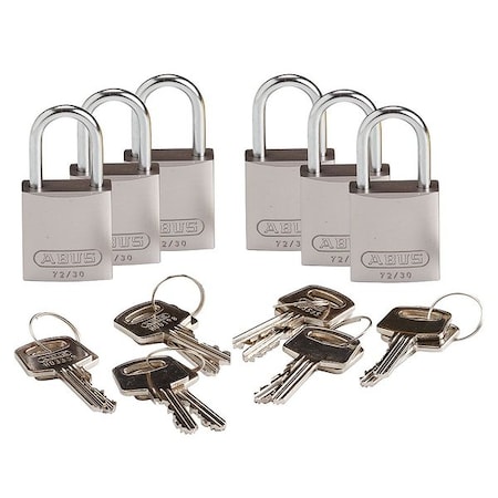 Lockout Padlock, Keyed Alike, Aluminum, Silver, 1 in Shackle Height, 1 1/4 in Body Width, 6 PK MPN:CPAL-WHT-25AL-KA6