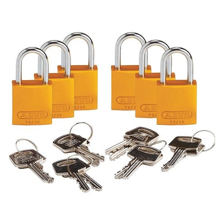 Lockout Padlock, Keyed Alike, Aluminum, Yellow, 1 in Shackle Height, 1 1/4 in Body Width, 6 PK MPN:CPAL-YLW-25AL-KA6