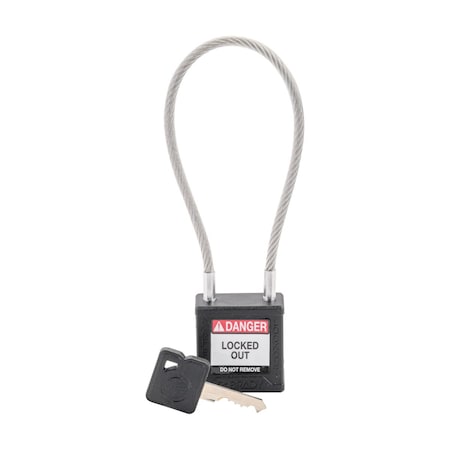 Velocity 8in Compact Cable Lockout Padlocks Nylon 4in Shackle Clearance KD Black MPN:CPPL-BLK-200CB-KD