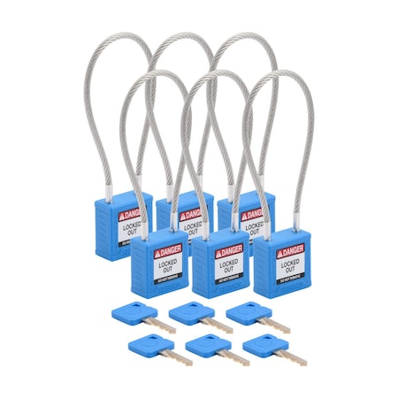 Velocity 8in Compact Cable Lockout Padlocks Nylon 4in Shackle Clearance KA BL 6PK MPN:CPPL-BLU-200CB-KA6