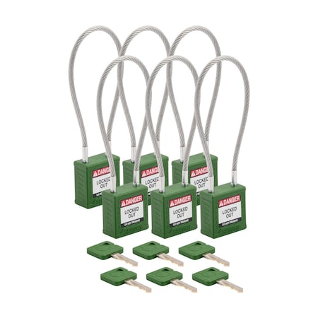 Velocity 8in Compact Cable Lockout Padlocks Nylon 4in Shackle Clearance KA GN 6PK MPN:CPPL-GRN-200CB-KA6