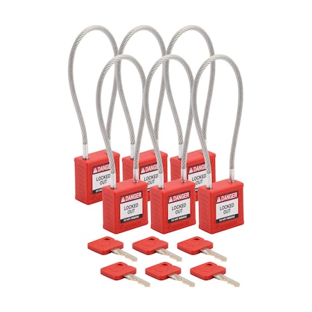 Velocity 8in Compact Cable Lockout Padlocks Nylon 4in Shackle Clearance KA Red 6PK MPN:CPPL-RED-200CB-KA6