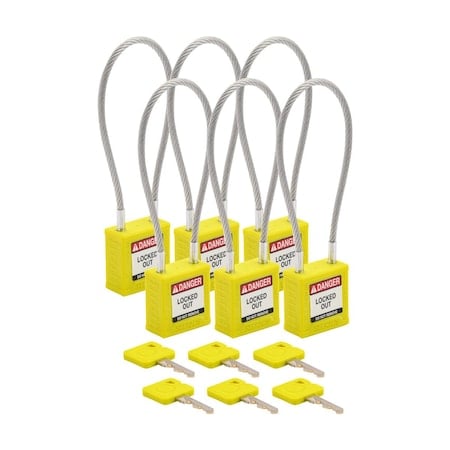 Velocity 8in Compact Cable Lockout Padlocks Nylon 4in Shackle Clearance KA YL 6PK MPN:CPPL-YLW-200CB-KA6