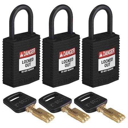 Lockout Padlock, Keyed Alike, Nylon, Black, 1 in Shackle Height, 1 1/4 in Body Width, 3 No. of Keys MPN:CPT-BLK-25PL-KA3PK