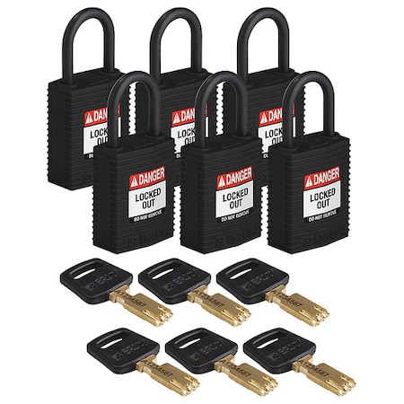 Lockout Padlock, Keyed Different, Nylon, Black, 1 in Shackle Height, 1 1/4 in Body Width, 6 PK MPN:CPT-BLK-25PL-KD6PK