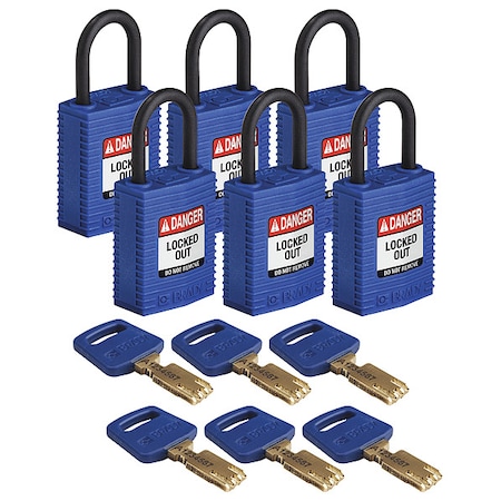 Lockout Padlock, Keyed Alike, Nylon, Blue, 1 in Shackle Height, 1 1/4 in Body Width, 6 No. of Keys MPN:CPT-BLU-25PL-KA6PK