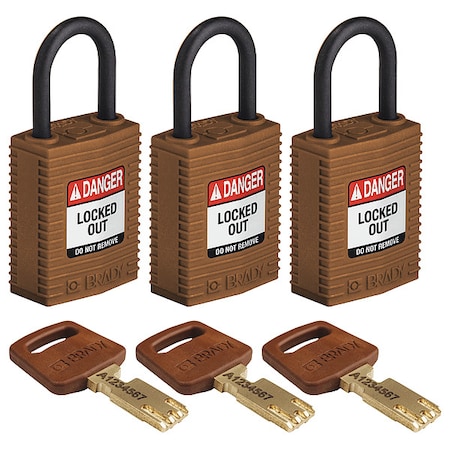 Lockout Padlock, Keyed Alike, Nylon, Brown, 1 in Shackle Height, 1 1/4 in Body Width, 3 No. of Keys MPN:CPT-BRN-25PL-KA3PK