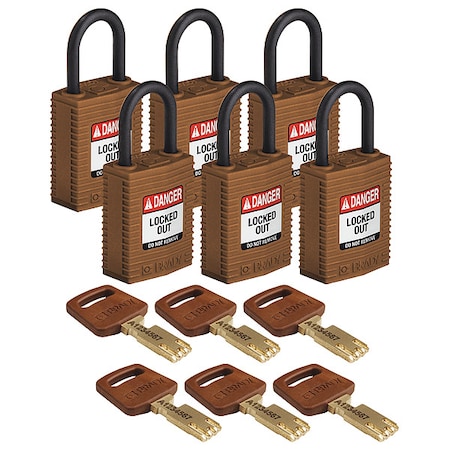 Lockout Padlock, Keyed Alike, Nylon, Brown, 1 in Shackle Height, 1 1/4 in Body Width, 6 No. of Keys MPN:CPT-BRN-25PL-KA6PK