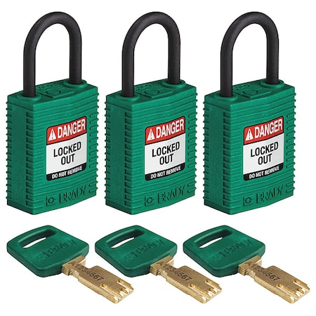 Lockout Padlock, Keyed Alike, Nylon, Green, 1 in Shackle Height, 1 1/4 in Body Width, 3 No. of Keys MPN:CPT-GRN-25PL-KA3PK