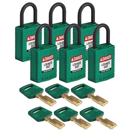 Lockout Padlock, Keyed Different, Nylon, Green, 1 in Shackle Height, 1 1/4 in Body Width, 6 PK MPN:CPT-GRN-25PL-KD6PK