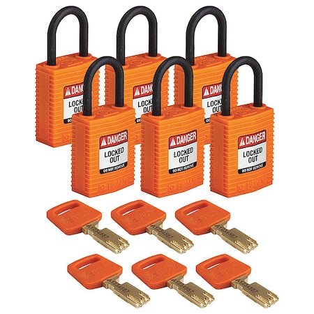 Lockout Padlock, Keyed Alike, Nylon, Orange, 1 in Shackle Height, 1 1/4 in Body Width, 6 PK MPN:CPT-ORG-25PL-KA6PK