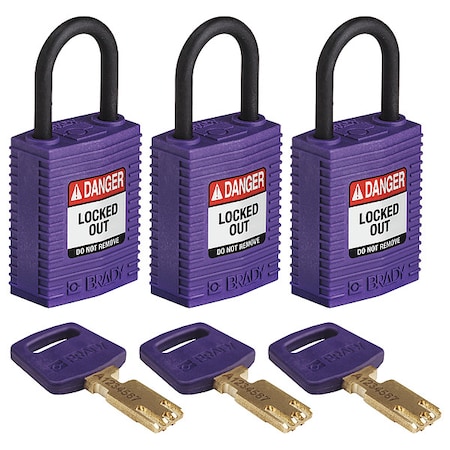 Lockout Padlock, Keyed Alike, Nylon, Purple, 1 in Shackle Height, 1 1/4 in Body Width, 3 PK MPN:CPT-PRP-25PL-KA3PK