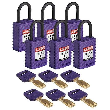 Lockout Padlock, Keyed Alike, Nylon, Purple, 1 in Shackle Height, 1 1/4 in Body Width, 6 PK MPN:CPT-PRP-25PL-KA6PK