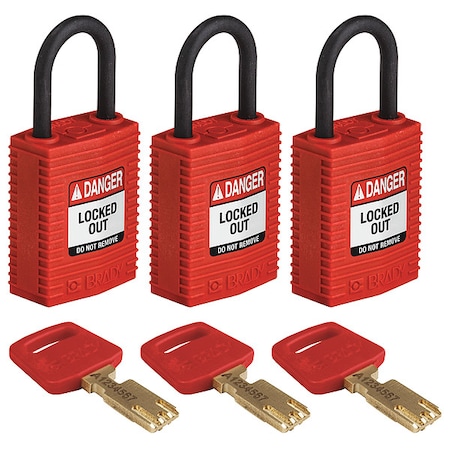 Lockout Padlock, Keyed Alike, Nylon, Red, 1 in Shackle Height, 1 1/4 in Body Width, 3 No. of Keys MPN:CPT-RED-25PL-KA3PK