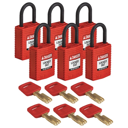 Lockout Padlock, Keyed Different, Nylon, Red, 1 in Shackle Height, 1 1/4 in Body Width, 6 PK MPN:CPT-RED-25PL-KD6PK