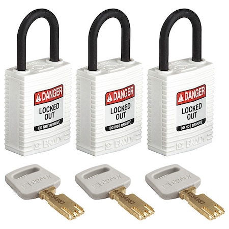 Lockout Padlock, Keyed Alike, Nylon, White, 1 in Shackle Height, 1 1/4 in Body Width, 3 No. of Keys MPN:CPT-WHT-25PL-KA3PK