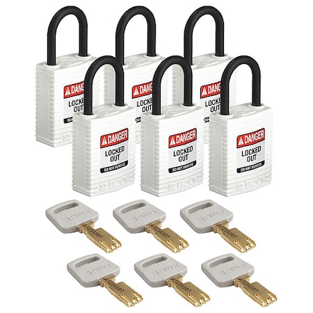 Lockout Padlock, Keyed Different, Nylon, White, 1 in Shackle Height, 1 1/4 in Body Width, 6 PK MPN:CPT-WHT-25PL-KD6PK
