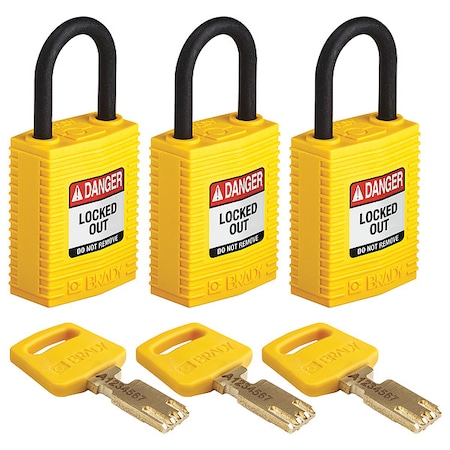 Lockout Padlock, Keyed Alike, Nylon, Yellow, 1 in Shackle Height, 1 1/4 in Body Width, 3 PK MPN:CPT-YLW-25PL-KA3PK