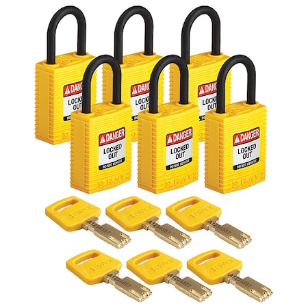 Lockout Padlock, Keyed Different, Nylon, Yellow, 1 in Shackle Height, 1 1/4 in Body Width, 6 PK MPN:CPT-YLW-25PL-KD6PK