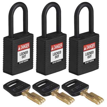 Lockout Padlock, Keyed Alike, Nylon, Black, 1 1/2 in Shackle Height, 1 1/2 in Body Width, 3 PK MPN:NYL-BLK-38PL-KA3PK
