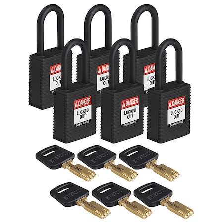 Lockout Padlock, Keyed Different, Nylon, Black, 1 1/2 in Shackle Height, 1 1/2 in Body Width, 6 PK MPN:NYL-BLK-38PL-KD6PK