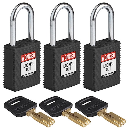 Lockout Padlock, Keyed Alike, Nylon, Black, 1 1/2 in Shackle Height, 1 1/2 in Body Width, 3 PK MPN:NYL-BLK-38ST-KA3PK