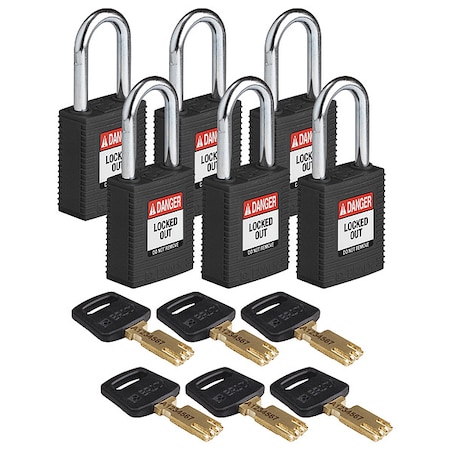 Lockout Padlock, Keyed Alike, Nylon, Black, 1 1/2 in Shackle Height, 1 1/2 in Body Width, 6 PK MPN:NYL-BLK-38ST-KA6PK