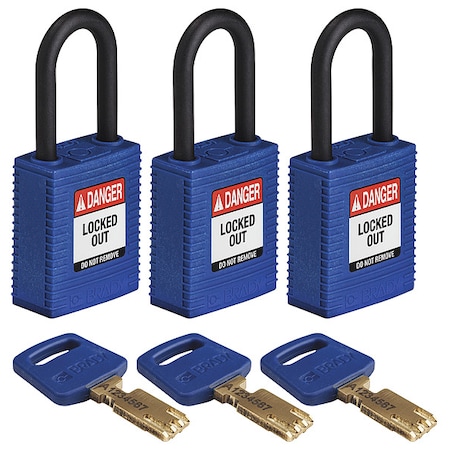 Lockout Padlock, Keyed Alike, Nylon, Blue, 1 1/2 in Shackle Height, 1 1/2 in Body Width, 3 PK MPN:NYL-BLU-38PL-KA3PK