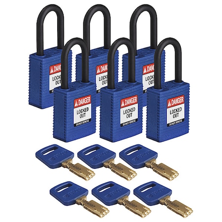 Lockout Padlock, Keyed Alike, Nylon, Blue, 1 1/2 in Shackle Height, 1 1/2 in Body Width, 6 PK MPN:NYL-BLU-38PL-KA6PK
