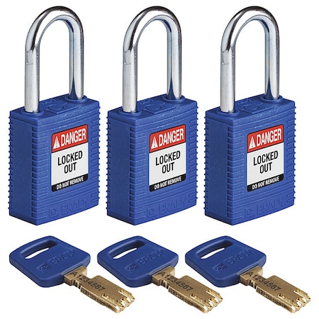 Lockout Padlock, Keyed Alike, Nylon, Blue, 1 1/2 in Shackle Height, 1 1/2 in Body Width, 3 PK MPN:NYL-BLU-38ST-KA3PK