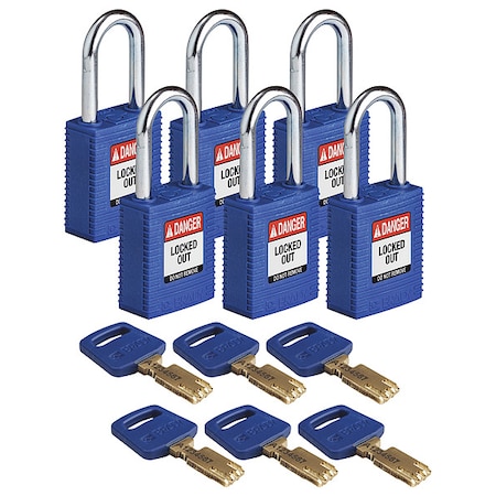 Lockout Padlock, Keyed Alike, Nylon, Blue, 1 1/2 in Shackle Height, 1 1/2 in Body Width, 6 PK MPN:NYL-BLU-38ST-KA6PK