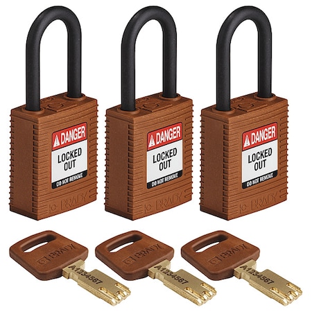 Lockout Padlock, Keyed Alike, Nylon, Brown, 1 1/2 in Shackle Height, 1 1/2 in Body Width, 3 PK MPN:NYL-BRN-38PL-KA3PK
