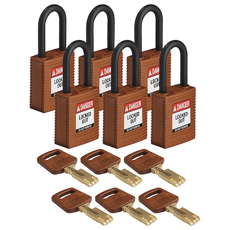 Lockout Padlock, Keyed Different, Nylon, Brown, 1 1/2 in Shackle Height, 1 1/2 in Body Width, 6 PK MPN:NYL-BRN-38PL-KD6PK