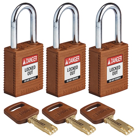 Lockout Padlock, Keyed Alike, Nylon, Brown, 1 1/2 in Shackle Height, 1 1/2 in Body Width, 3 PK MPN:NYL-BRN-38ST-KA3PK