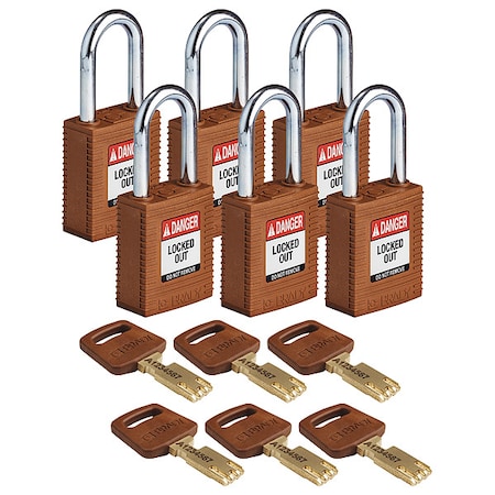 Lockout Padlock, Keyed Alike, Nylon, Brown, 1 1/2 in Shackle Height, 1 1/2 in Body Width, 6 PK MPN:NYL-BRN-38ST-KA6PK