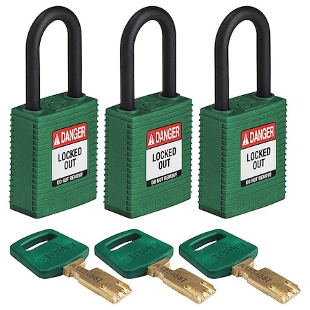 Lockout Padlock, Keyed Alike, Nylon, Green, 1 1/2 in Shackle Height, 1 1/2 in Body Width, 3 PK MPN:NYL-GRN-38PL-KA3PK