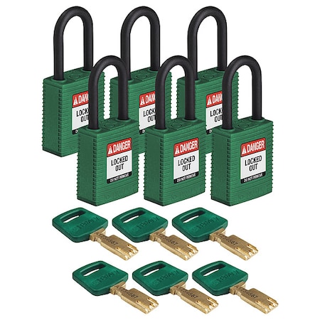 Lockout Padlock, Keyed Different, Nylon, Green, 1 1/2 in Shackle Height, 1 1/2 in Body Width, 6 PK MPN:NYL-GRN-38PL-KD6PK