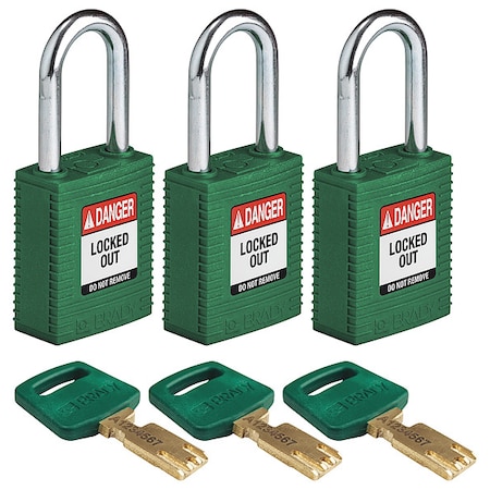 Lockout Padlock, Keyed Alike, Nylon, Green, 1 1/2 in Shackle Height, 1 1/2 in Body Width, 3 PK MPN:NYL-GRN-38ST-KA3PK