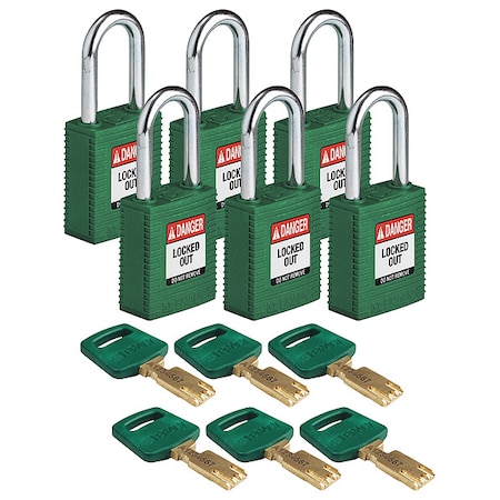 Lockout Padlock, Keyed Different, Nylon, Green, 1 1/2 in Shackle Height, 1 1/2 in Body Width, 6 PK MPN:NYL-GRN-38ST-KD6PK