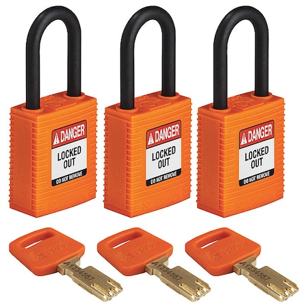 Lockout Padlock, Keyed Alike, Nylon, Orange, 1 1/2 in Shackle Height, 1 1/2 in Body Width, 3 PK MPN:NYL-ORG-38PL-KA3PK