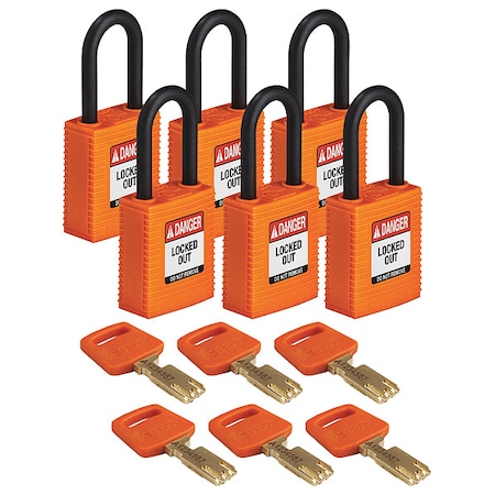Lockout Padlock, Keyed Alike, Nylon, Orange, 1 1/2 in Shackle Height, 1 1/2 in Body Width, 6 PK MPN:NYL-ORG-38PL-KA6PK