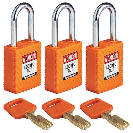 Lockout Padlock, Keyed Alike, Nylon, Orange, 1 1/2 in Shackle Height, 1 1/2 in Body Width, 3 PK MPN:NYL-ORG-38ST-KA3PK