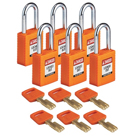 Lockout Padlock, Keyed Different, Nylon, Orange, 1 1/2 in Shackle Height, 1 1/2 in Body Width, 6 PK MPN:NYL-ORG-38ST-KD6PK
