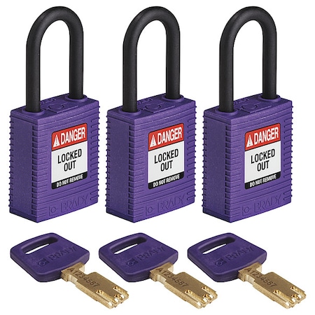 Lockout Padlock, Keyed Alike, Nylon, Purple, 1 1/2 in Shackle Height, 1 1/2 in Body Width, 3 PK MPN:NYL-PRP-38PL-KA3PK