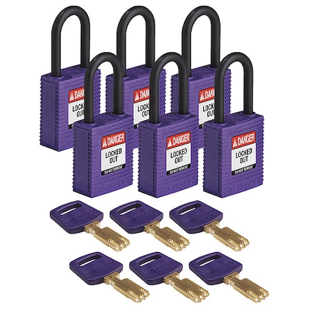 Lockout Padlock, Keyed Alike, Nylon, Purple, 1 1/2 in Shackle Height, 1 1/2 in Body Width, 6 PK MPN:NYL-PRP-38PL-KA6PK