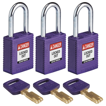 Lockout Padlock, Keyed Alike, Nylon, Purple, 1 1/2 in Shackle Height, 1 1/2 in Body Width, 3 PK MPN:NYL-PRP-38ST-KA3PK