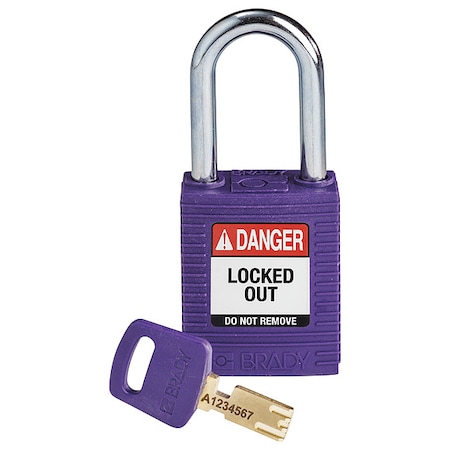 Lockout Padlock, Keyed Different, Nylon, Purple, 1 1/2 in Shackle Height, 1 1/2 in Body Width MPN:NYL-PRP-38ST-KD