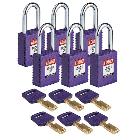 Lockout Padlock, Keyed Different, Nylon, Purple, 1 1/2 in Shackle Height, 1 1/2 in Body Width, 6 PK MPN:NYL-PRP-38ST-KD6PK